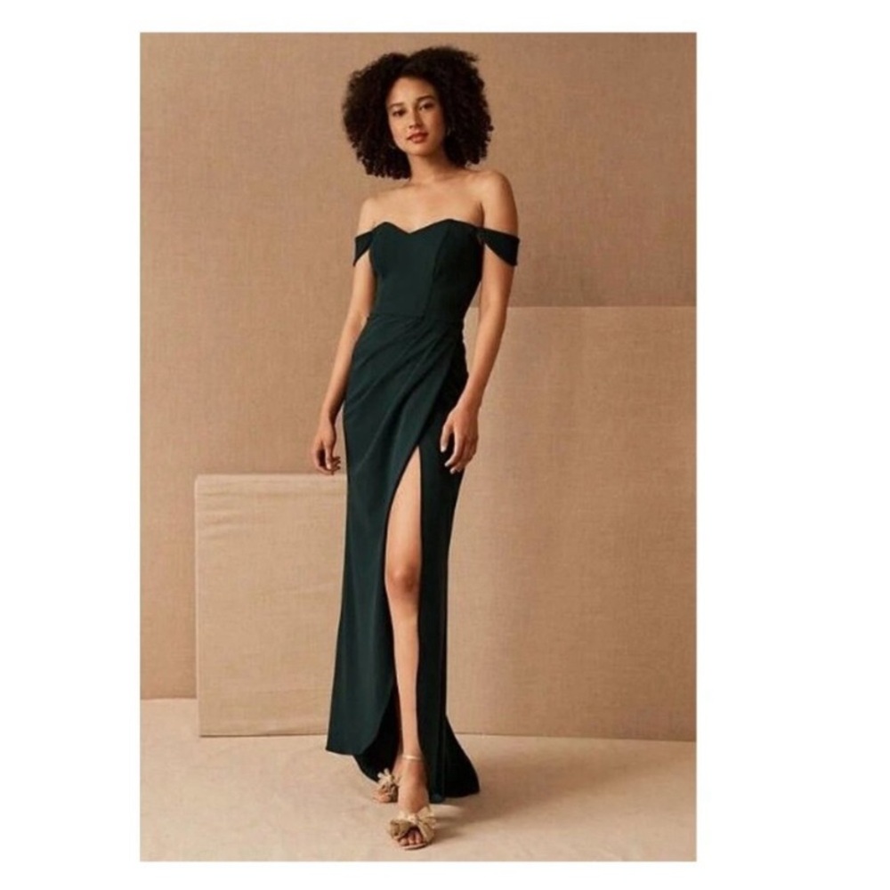 BHLDN Rossi Green Crepe Dress - Off the shoulder, draped formal gown